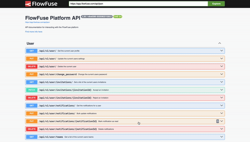 FlowFuse Swagger/OpenAPI documentation interface displaying endpoints for users, Node-RED instances, devices, deployments, and much more.